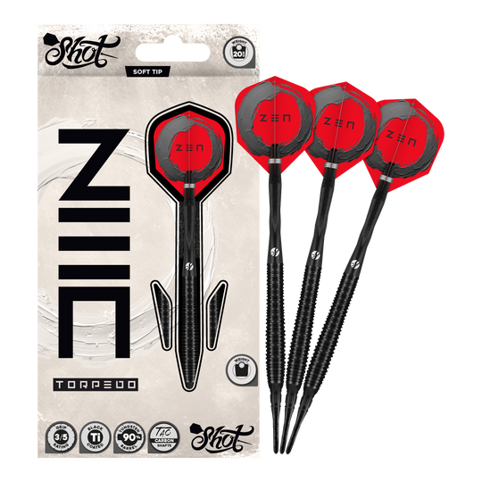 Šipky Shot ZEN Torpedo Soft - 20g Abgebildet sind die Shot ZEN Torpedo Softdarts - 20g in voller Länge. Der Dart ist für Präzision Wurftechnik bekannt.