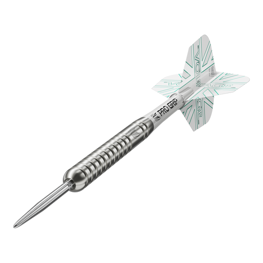 Šipky Target Rob Cross Voltage Swiss Point Steel Das Bild zeigt einen Target Rob Cross Voltage Swiss Point Steeldart. Der Dartpfeil ist silbern und hat weiße Flights mit grünen Akzenten.