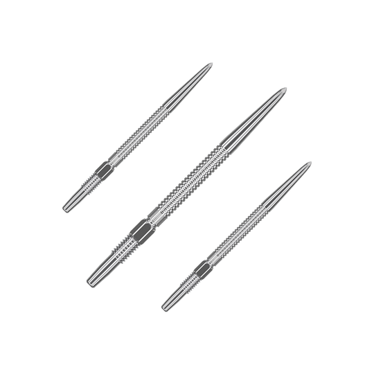 Špičky na šipky Target Swiss Point GRD Silver Das Bild zeigt drei silberne Dartspitzen des Produkts "Target Swiss Point GRD Silver Dartspitzen". Sie sind schlank, aus Metall gefertigt und haben eine strukturierte Oberfläche für besseren Halt.