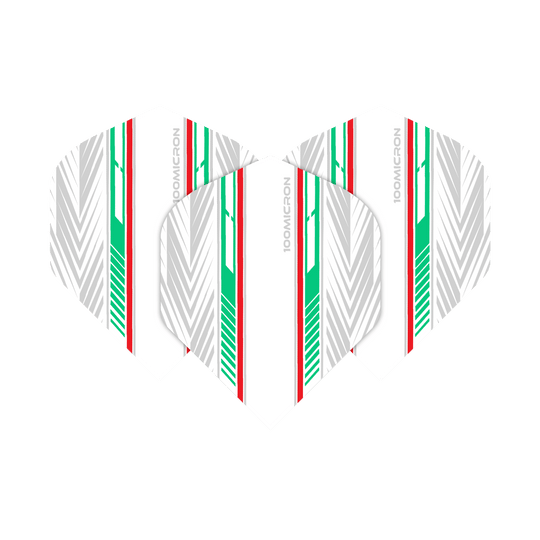 Letky pro pětiboj bílé/zelené/červené Das Bild zeigt die "Pentathlon White Green Red No2 Standard Flights" für Dartpfeile. Die Flights sind weiß mit auffälligen grünen, roten und silbernen Streifen gestaltet.