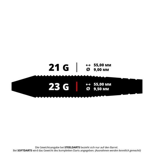 Das Bild zeigt die technischen Daten von zwei Steeldarts mit 21 g und 23 g Gewicht. Beide Darts haben eine Länge von 55,00 mm, der Durchmesser beträgt 9,00 mm bzw. 9,50 mm.