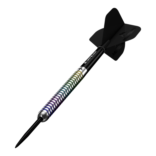 Ocelové šipky Mission Mirage Mission Mirage Steeldarts sind Profi-Darts für anspruchsvolle Spieler. Die Abbildung präsentiert das Set aus mehreren Perspektiven.