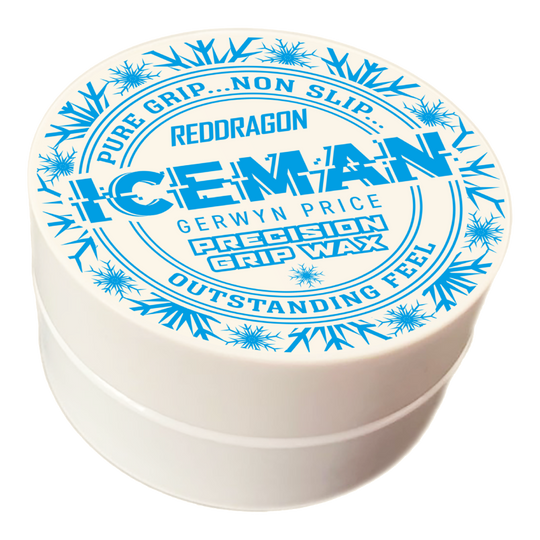 Vosk na prsty Red Dragon Gerwyn Price Iceman Precision Grip Wax Das Bild zeigt eine weiße Dose mit der Aufschrift „Red Dragon Gerwyn Price Iceman Precision Grip Wax“. Auf dem Deckel sind blaue Schneeflocken und Werbeslogans wie „Pure Grip… Non Slip… Outstanding Feel“ abgebildet.