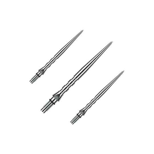 Ocelové hroty na šipky Winmau Switch Point Groove - stříbrný efekt Das Foto stellt ein Set von Winmau Switch Point Groove Steeldartspitzen mit 30mm Länge dar. Mehrere silberne Spitzen liegen nebeneinander.