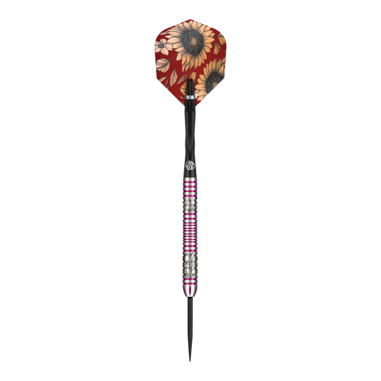 Das Bild zeigt einen Steeldartpfeil der Marke Shot Pro Series Barora Hospodarska mit einem Gewicht von 23 Gramm. Der Dartpfeil hat eine bunte Flights mit Sonnenblumenmuster und einen silbernen Schaft mit pinkfarbenen Ringen.