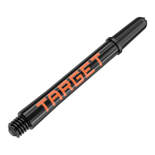Násadky Target Pro Grip TAG - 3 sady - černo-oranžové Das Bild zeigt einen schwarzen Dart-Schaft mit orangener Aufschrift "TARGET". Der Schaft hat eine Länge von 48 mm und ist für den Dartsport geeignet.
