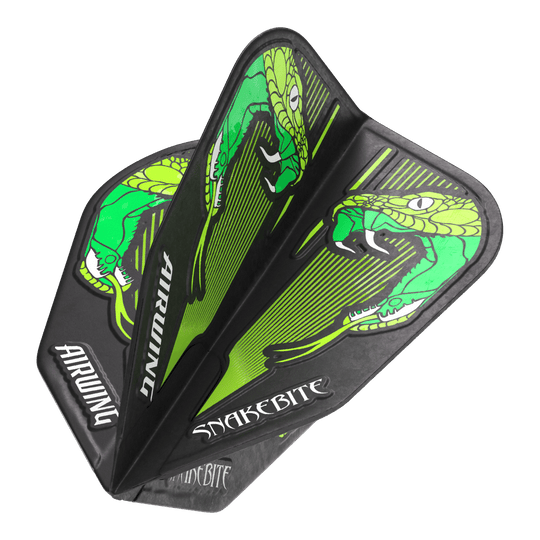 Red Dragon Airwing Peter Wright Green V-Standard lety Das Bild zeigt die "Red Dragon Airwing Peter Wright Green V-Standard Flights" mit einem grünen Schlangenmuster. Auf den Flights stehen die Wörter "Airwing" und "Snakebite".