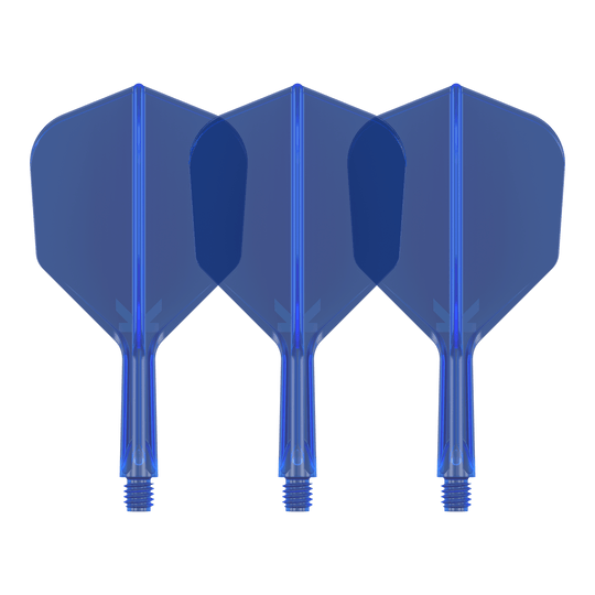 Letový systém Target K-Flex No6 - modrý Auf dem Bild sind drei blaue Dartflights zu sehen. Sie stehen nebeneinander und haben eine sechseckige Form.