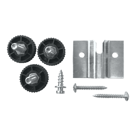 Nástěnný držák Winmau Rota-Lock Blade 6 Das Bild zeigt das Winmau Rota-Lock Blade 6 Wandhalterungs-Set mit drei schwarzen Einstellrädern, einer Metallhalterung und Schrauben. Diese Teile werden verwendet, um ein Dartboard sicher an der Wand zu befestigen.