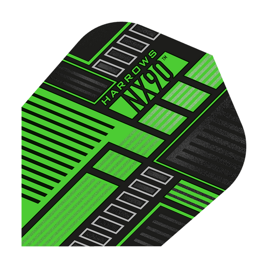 HR49_Harrows_Prime_NX90_Green_No6_Flights_1ro0TifX8aStsG Harrows Prime NX90 Flights gruppiert abgebildet. Die Details der Flights sind betont dargestellt.