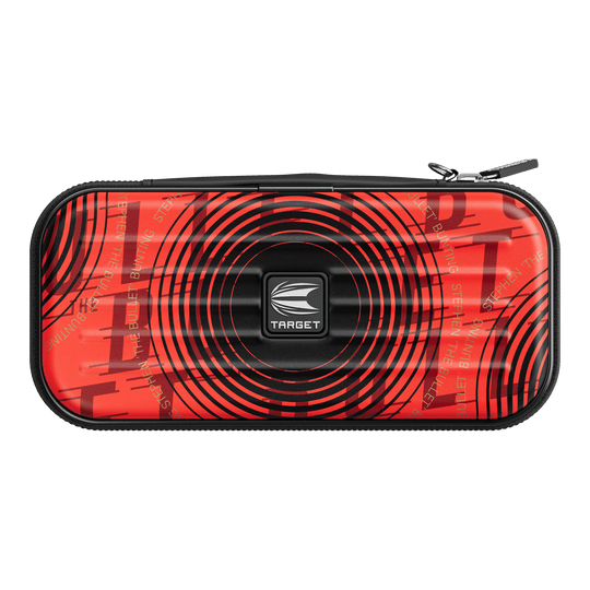 Pouzdro na šipky Target Takoma Stephen Bunting Das Bild zeigt das Target Takoma Stephen Bunting Dartcase in einem auffälligen roten Design mit schwarzen Kreisen. In der Mitte befindet sich das Target-Logo und das Etui hat einen Reißverschluss.