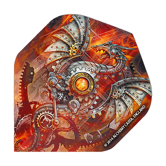 Standardní lety Alchemy Tech Dragon No2 Das Bild zeigt ein Dartflight mit einem mechanischen Drachen-Design in Steampunk-Optik. Die Farben sind überwiegend orange und silber, mit vielen Zahnrädern und Metallstrukturen.