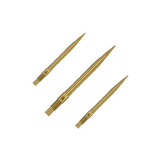 Špičky na šipky Harrows Quick Point Micro Ridge - zlaté Das Bild zeigt mehrere goldene Dartspitzen. Die Spitzen sind wahrscheinlich vom Typ Harrows Quick Point MicroRidge, 26mm lang.