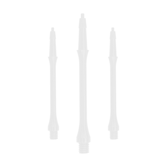 HRC-12589-W_Harrows_Clic_Slim_Shafts_White_37mm_1 Das Bild zeigt drei weiße Harrows Clic Slim Shafts. Sie sind gerade und haben ein schlankes Design für Dartpfeile.