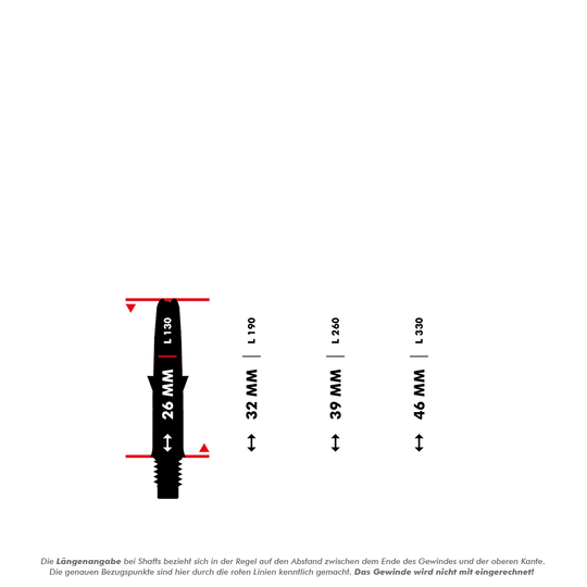 L-L-Style-Shaft Carbon Silent Straight - Černá Das Bild zeigt verschiedene Längenangaben für L-Style Shafts, gemessen ohne das Gewinde. Die roten Linien markieren die Messpunkte und das Gewinde wird bei der Längenangabe nicht mit eingerechnet.