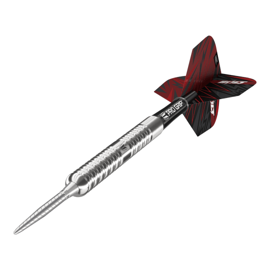 Šipky Target Sebastian Bialecki GEN1 Swiss Point Steeldarts - 22g Das Bild zeigt den Target Sebastian Bialecki GEN1 Swiss Point Steeldart mit 22 Gramm Gewicht. Der Dartpfeil hat ein silbernes Metallgehäuse, einen schwarzen Schaft und ein rot-schwarzes Flight-Design.