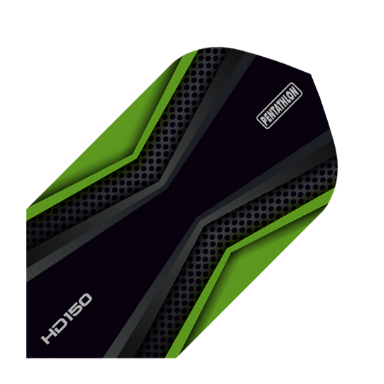 HD-39-HD150-Pentathlon-Green-Black-Flights HD 150 Pentathlon Flights Black/Green Slim. Das Foto zeigt schlanke Dartflights mit kontrastierendem Muster.