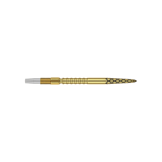 Target Swiss DS Surge Point Dart Tips – zlaté Das Bild zeigt eine goldfarbene Dartspitze mit einem feinen Rautenmuster. Der hintere Teil der Spitze ist silberfarben und geriffelt.