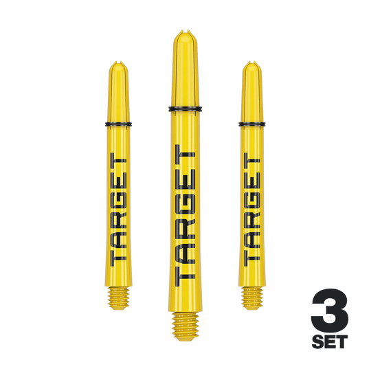 Násadky Target Pro Grip TAG - 3 sady - žluté Auf dem Bild sind drei gelbe Dartschäfte der Marke Target zu sehen. Unten rechts steht "3 Set", was auf ein Set aus drei Teilen hinweist.