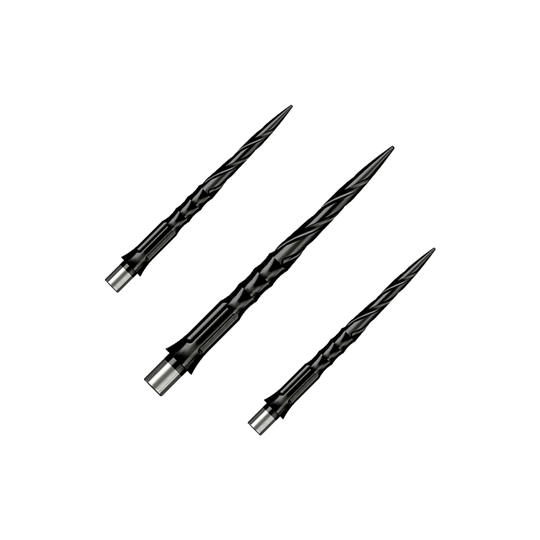 Ocelové hroty na šipky Caliburn System - Spiro - Bez rtu - Černé Zu sehen ist ein Set von Caliburn Evo System Steeldartspitzen Spiro NoLip Black, 28 mm. Die Spitzen eignen sich für professionelle Steeldartspiele.