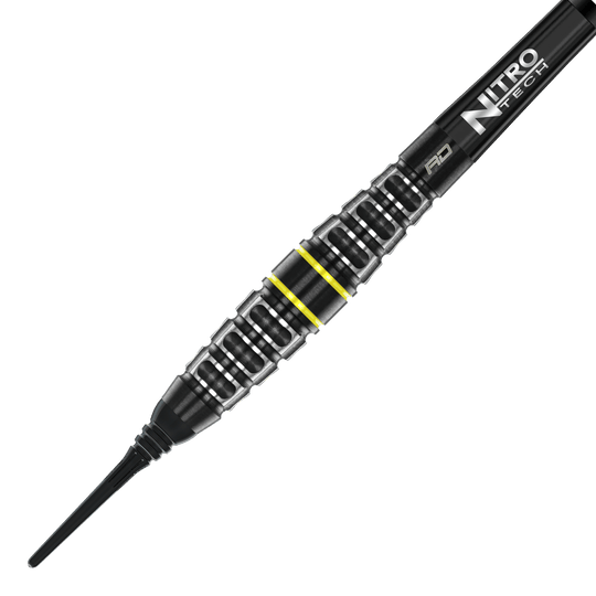 Šipky Red Dragon Astraeus Q4X Torpedo Soft - 20g Auf dem Bild ist der Red Dragon Astraeus Q4X Torpedo Softdart mit 20g Gewicht zu sehen. Der Dart hat ein schwarzes Design mit silbernen und gelben Akzenten sowie der Aufschrift "Nitro Tech".