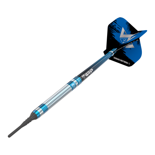 Das Bild zeigt einen Bulls Jermaine Wattimena Generation 3 Softdart mit einem Gewicht von 20g. Der Dart hat ein silbernes und blaues Design mit schwarzem Flight.