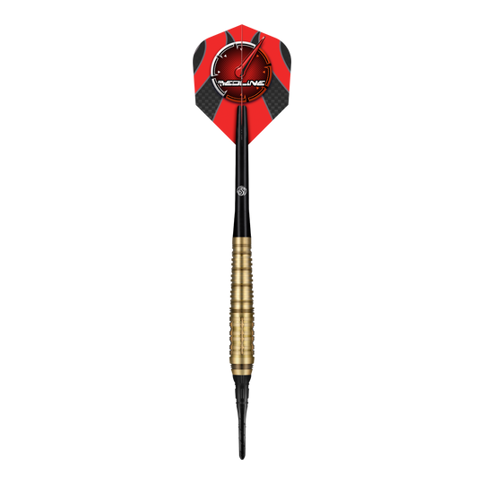 Měkké šipky Shot Redline Mach 1 - 20g Das Bild zeigt einen Shot Redline Mach 1 Softdart mit einem Gewicht von 20g. Der Dart hat einen goldenen Griffbereich, einen schwarzen Schaft und eine rote Flights mit dem Redline-Logo.
