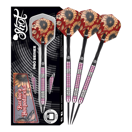 Shot Pro Series Barbora Hospodářská 2 Steeldarts - 23g Das Bild zeigt das Produkt "Shot Pro Series Barora Hospodarska Steeldarts - 23g" mit drei Steeldarts und einer Verpackung. Die Flights der Darts sind mit Sonnenblumenmotiven verziert.