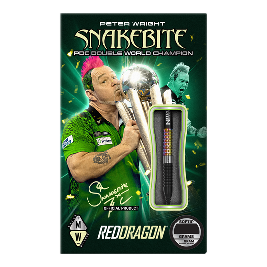 Auf der Verpackung ist der Dartspieler Peter Wright mit einer Trophäe abgebildet. Das Produkt sind die "Red Dragon Peter Wright Corra Softdarts - 18g" mit Softspitze.
