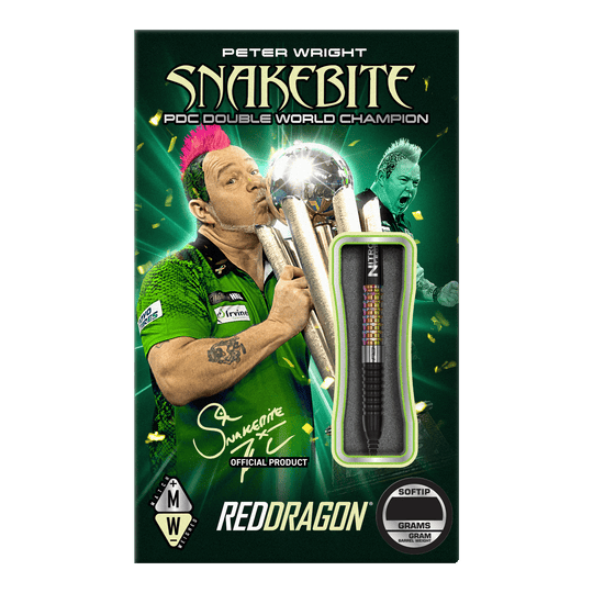Šipky Red Dragon Peter Wright Corra Soft - 18g Auf der Verpackung ist der Dartspieler Peter Wright mit einer Trophäe abgebildet. Das Produkt sind die "Red Dragon Peter Wright Corra Softdarts - 18g" mit Softspitze.