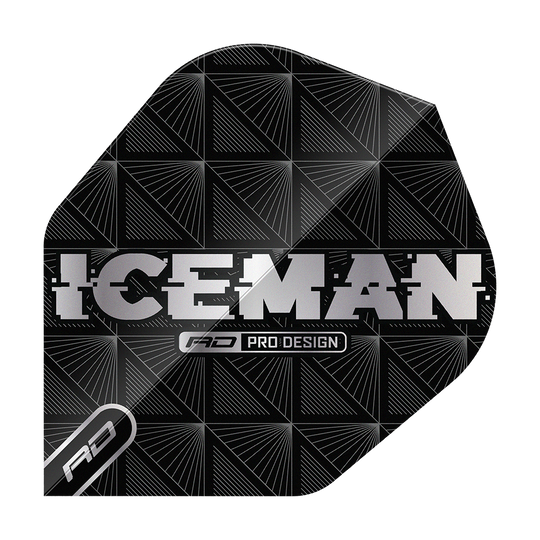 Das Bild zeigt ein schwarzes Dart-Flight mit geometrischem Muster und der Aufschrift "ICEMAN" in silbernen Buchstaben. Darunter steht "RD Pro Design" und unten links ist ein kleines "RD"-Logo zu sehen.
