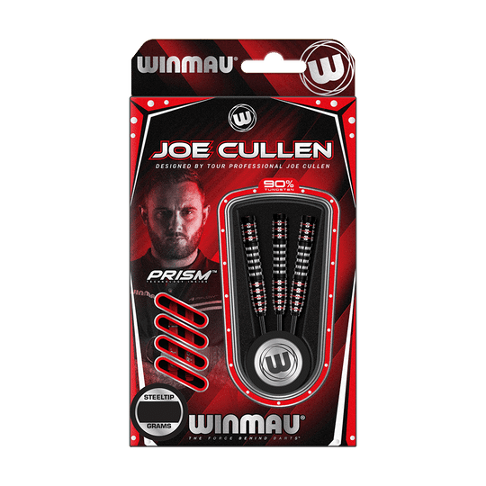 1483_Winmau_Joe_Cullen_Ignition_Series_Steeldarts_3 Auf dem Bild ist eine Verpackung für Winmau Joe Cullen Ignition Series Steeldarts zu sehen. Die Packung enthält drei Darts mit 90% Tungsten und ist rot-schwarz gestaltet.