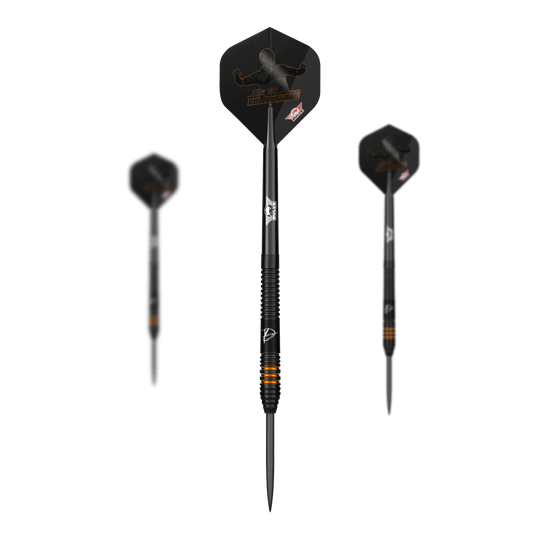 Ocelové šipky Bulls NL Dirk Van Duijvenbode Edition 2 Das Bild zeigt drei Steeldarts der Marke "Bulls NL Dirk Van Duijvenbode Edition 2". Die Darts sind schwarz mit orangen Akzenten und besitzen Flights mit einer schwarzen Silhouette.