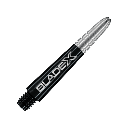 Dargestellt ist ein schwarzer Dartshaft mit dem Namen Winmau Vecta Blade X, 34 mm. Dieses Objekt ist für die Verwendung mit Dartpfeilen gedacht.