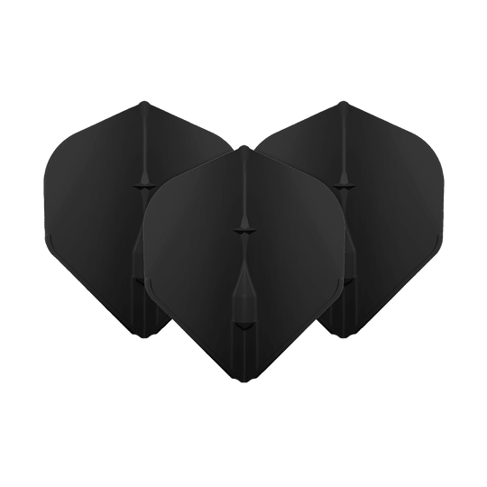 Standardní lety L-Style Champagne L1EZ Das Bild zeigt drei schwarze L-Style Champagne L1EZ Standard Flights. Diese Flights sind für Dartpfeile geeignet und haben eine klassische Standardform.