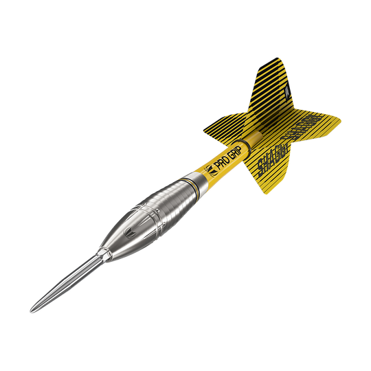 190222_Target_Scott_Williams_GEN1_Swiss_Point_Steeldarts_4 Dies ist ein Target Scott Williams GEN1 Swiss Point Steeldart. Der Dart hat eine silberne Spitze und einen gelb-schwarzen Schaft mit „PRO GRIP“-Aufschrift.