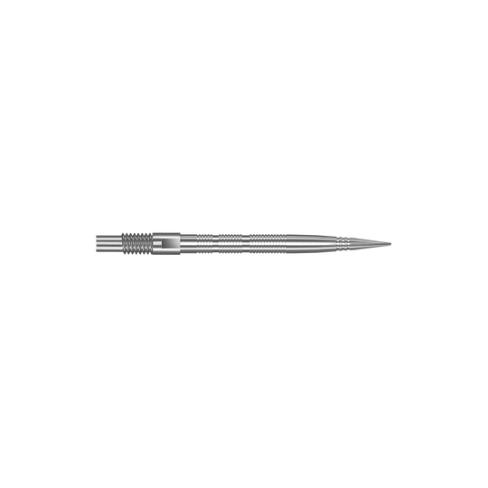 Špičky na šipky Harrows Quick Point Micro Ridge - stříbrné Das Bild zeigt Dartspitzen mit MicroRidge Struktur in Silber mit einer Länge von 26 mm. Die Dartspitzen sind nebeneinander angeordnet.