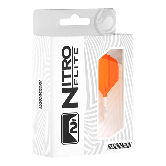 Zu sehen ist das Produkt Red Dragon Nitroflite White Shaft Orange Flights No2. Es besteht aus einem weißen Schaft und orangen Flights.