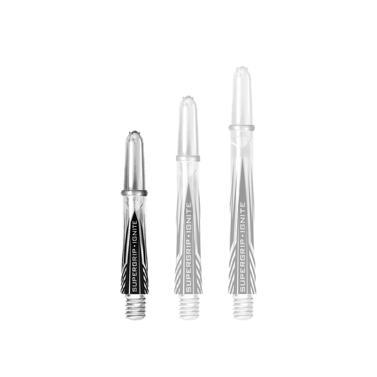 HR392_Harrows_Supergrip_Ignite_Shafts_Clear_33mm_1 Das Bild zeigt drei klare Harrows Supergrip Ignite Shafts in unterschiedlichen Längen. Die Shafts haben ein transparentes Design mit schwarzen Akzenten und der Aufschrift "SUPERGRIP IGNiTE".