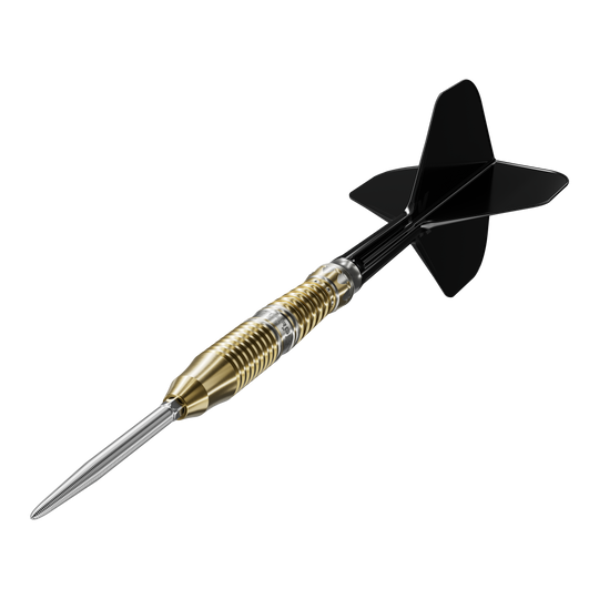 Abgebildet sind die Target Japan Black Marque Enzo Swiss Point Steeldarts. Die Darts sind für Präzision und Stil im Spiel bekannt.