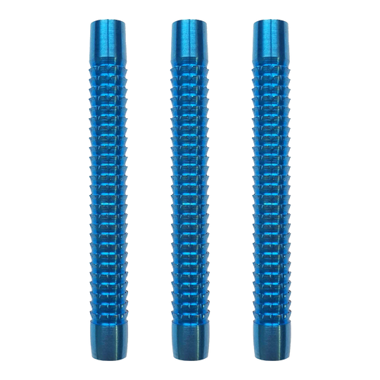 Měkké hlavně na šipky McDart Blue Sky Das Bild zeigt drei blaue Softdart-Barrels der Marke McDart Blue Sky. Sie sind nebeneinander angeordnet und haben eine gerillte Oberfläche.