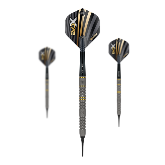 Winmau Michael Van Gerwen Evo-X měkké šipky - 20g Das Bild zeigt drei Winmau Michael Van Gerwen Evo-X Softdarts mit einem Gewicht von 20g. Die Darts haben ein modernes Design mit schwarzen, goldenen und silbernen Akzenten.