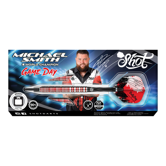Das Bild zeigt die Verpackung der "Shot Michael Smith Bully Boy Game Day Steeldarts". Auf der Verpackung ist der Dartspieler Michael Smith abgebildet sowie ein Dartpfeil mit auffälligem Design.