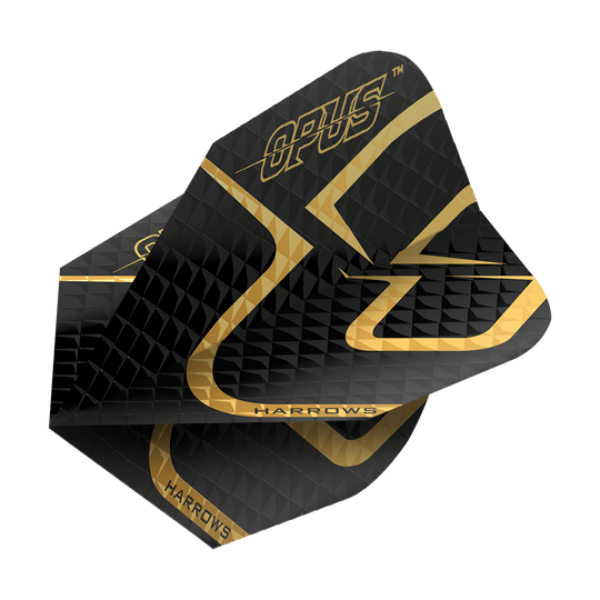 Lety Harrow's Opus verze 2 Das Bild zeigt das Produkt "Harrows Opus Version 2 Flights". Die Flights sind überwiegend schwarz mit goldenen Akzenten und Aufschrift.