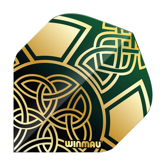 Abgebildet sind die Winmau Prism Delta Brendan Dolan Celtic Knot Black Gold No2 Standard Flights. Die Flights besitzen ein elegantes Muster in Schwarz und Gold.