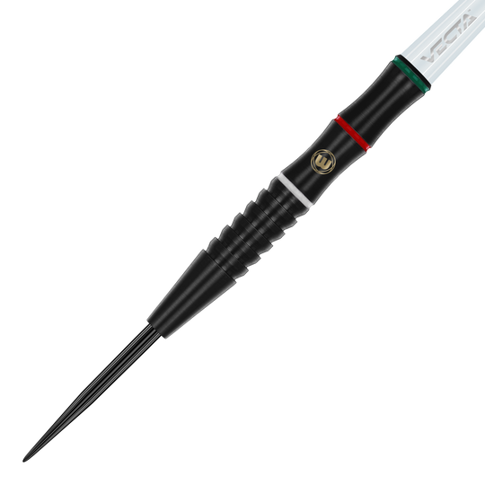 Auf dem Bild ist ein Winmau Peter Wachuri Steeldart mit 22g zu sehen. Der Dartpfeil ist schwarz mit farbigen Ringen und einer metallischen Spitze.