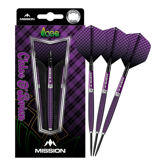 Auf dem Bild sind die Mission Chloe O'Brien Electro Purple Steeldarts mit einem Gewicht von 23g zu sehen. Die Darts und die Verpackung haben ein auffälliges lila Karomuster.