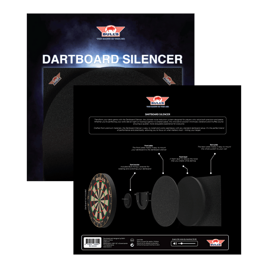Tlumič terčů Bulls NL Das Bild zeigt das Produkt "Bulls NL Dartboard Silencer" in seiner Verpackung. Auf der Rückseite ist eine Grafik abgebildet, die die einzelnen Komponenten und deren Funktionen erklärt.