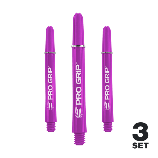 Target Pro Grip Shafts – 3 sady – fialová Das Bild zeigt drei lila Dartschäfte der Marke "Pro Grip". In der rechten unteren Ecke steht "3 Set".