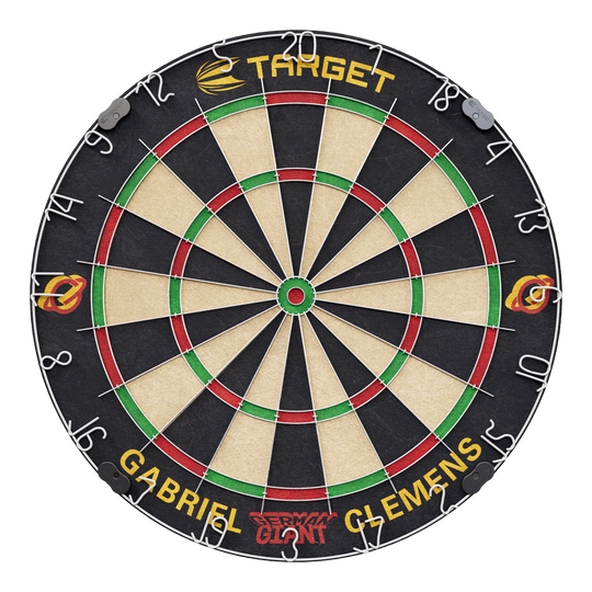 Dies ist das "Target Gabriel Clemens Kabinet Dartboard Set". Das Dartboard zeigt den Namen "Gabriel Clemens" sowie das Logo von Target.